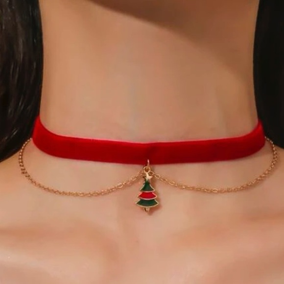 Red Velvet Christmas Tree Charm Silver Necklace - Picture 1 of 12